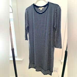 Blue and white striped dress with three-quarter sleeves. Size M Medium